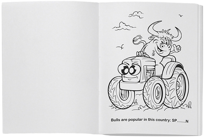 Dibujo de un toro sonriendo conduciendo su tractor