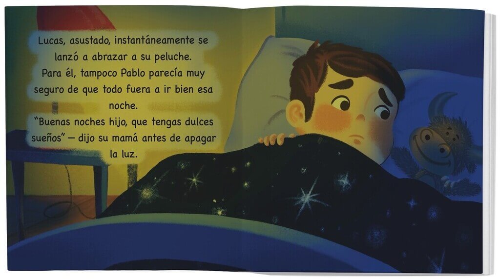 Ilustración de Lucas miedoso mirando y hablando con su peluche favorito, antes de apagar la luz